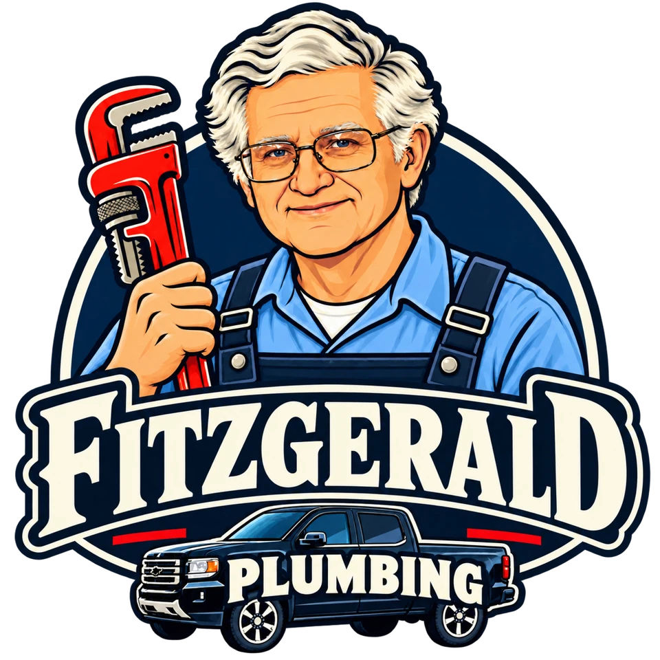 Fitzgerald Plumbing badge with the plumber, his red pipe wrench and black pickup
